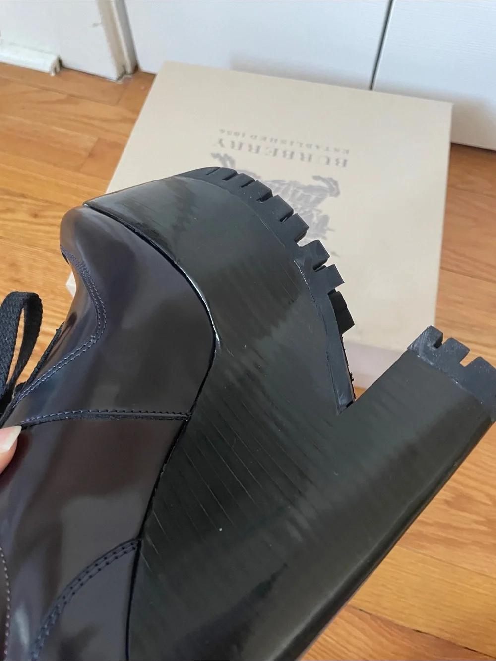 WORN ONCE Burberry Prorsum 150 Stuart Black Maroon Polished Leather Platforms